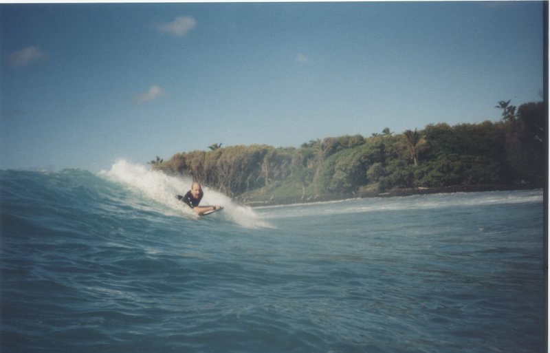 Kevin boogie-boarding on the Big Island, Pohoiki, 1999