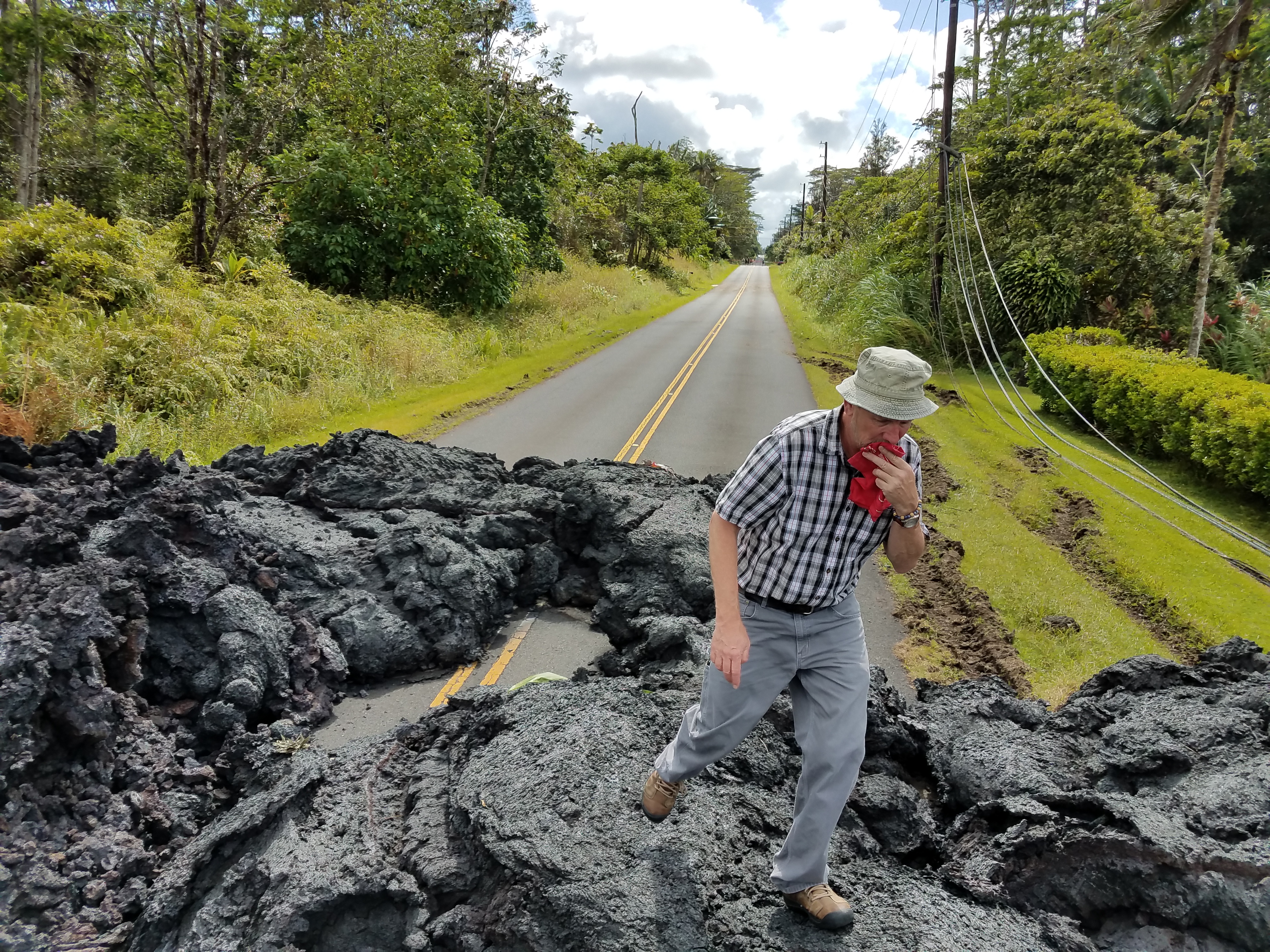 Kevin on Leilani Avenue at a lava crossing, May 14, 2018